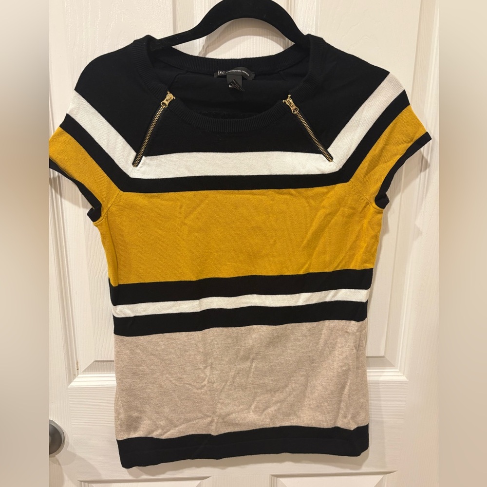 INC Womens Stripe Knit Sweater Top Gold Zippers Black Yellow Tan White